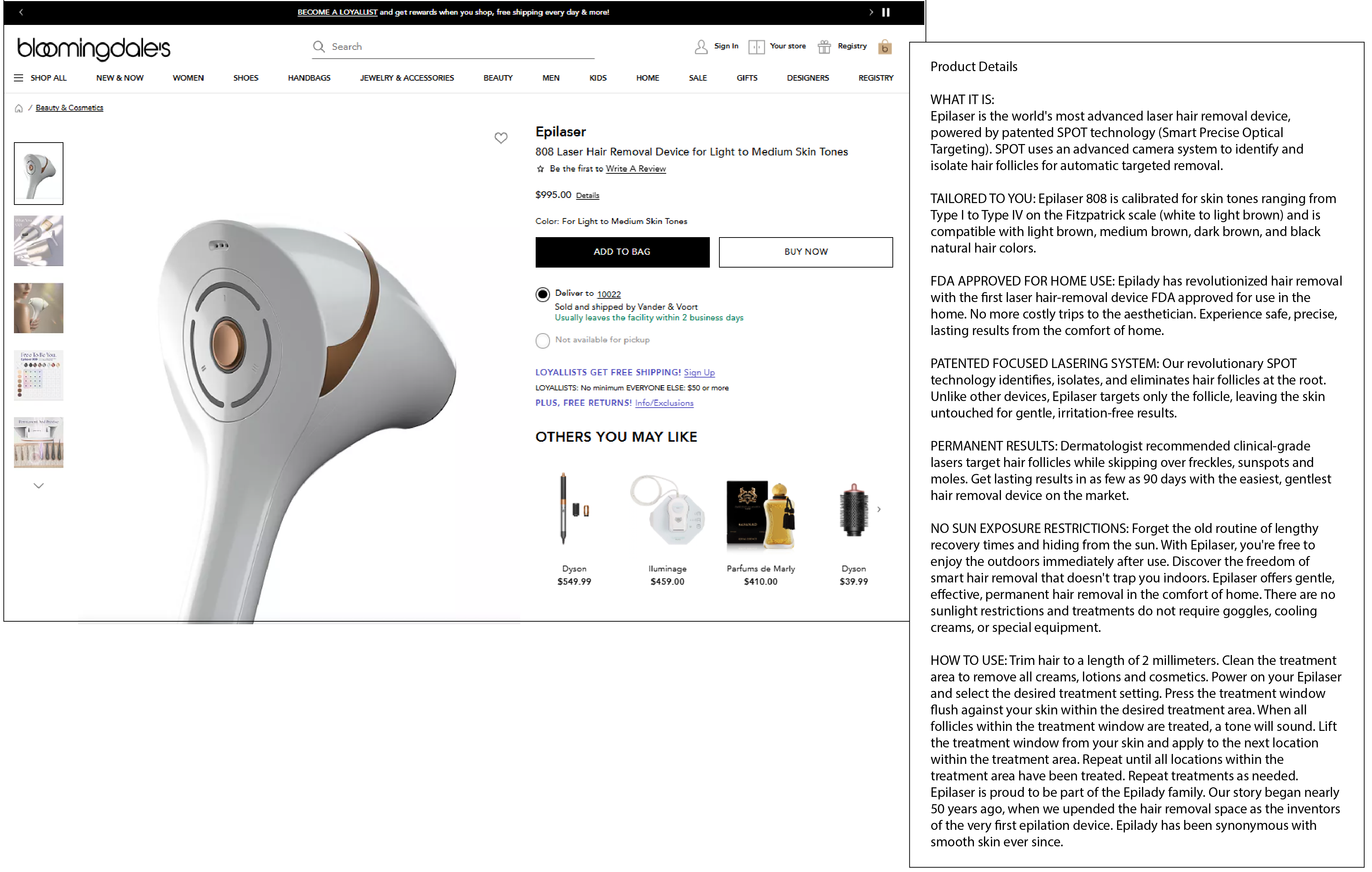 Epilaser 808 listing on Bloomingdales